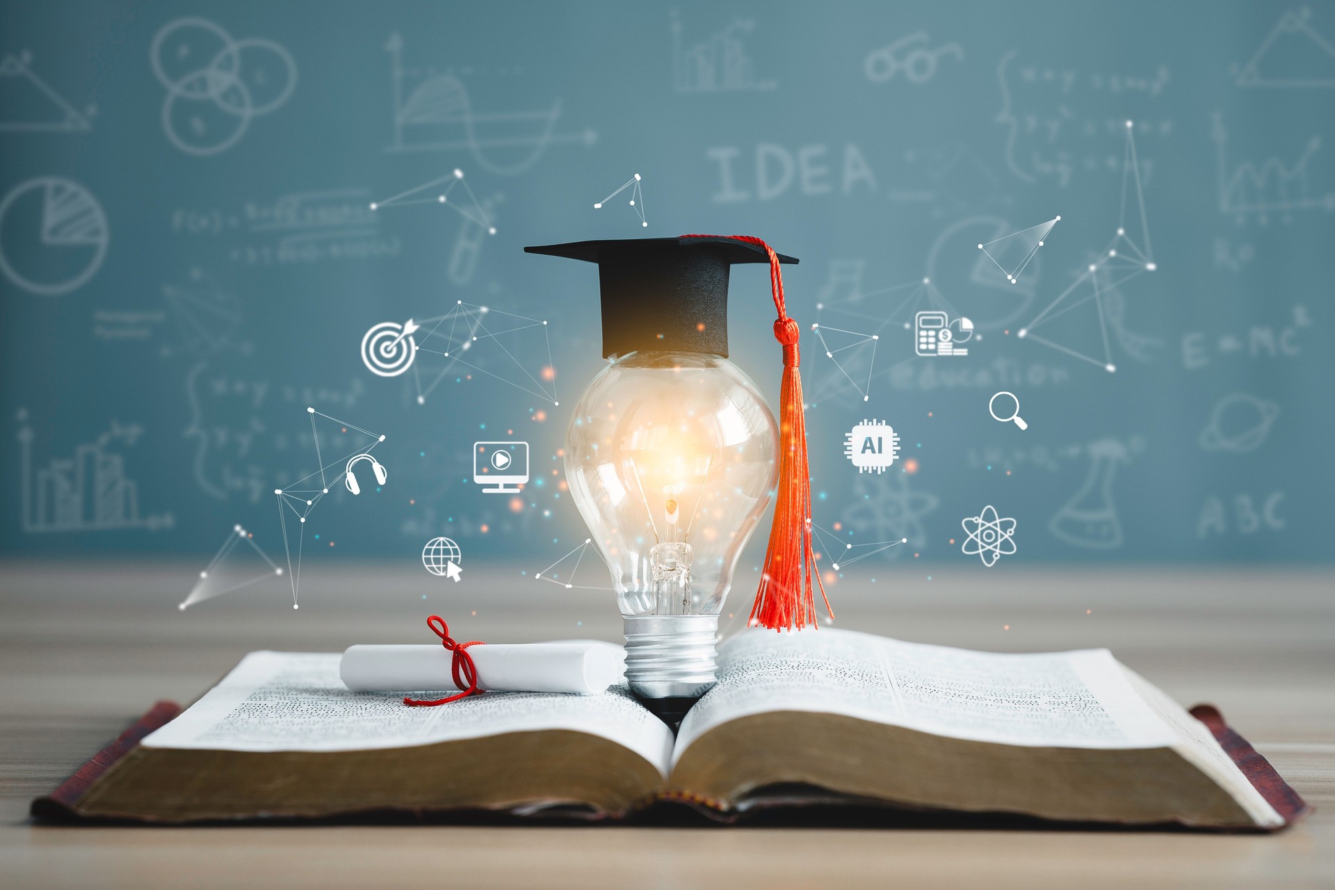 Graduation cap with a lightbulb on the book and icon learning in the classroom. Education learning concepts in school or university. Idea knowledge of innovative technology, science, and mathematics.