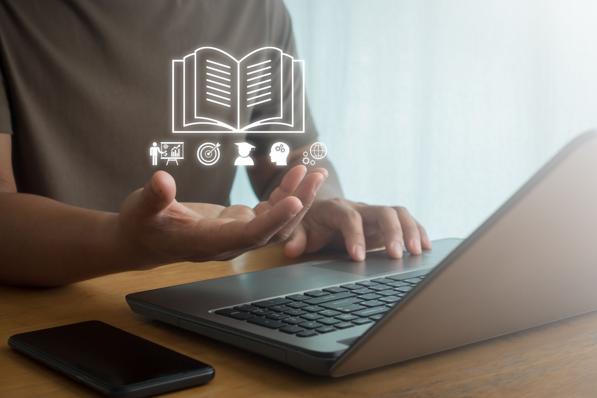 Education on hand, E-learning technology concept. AI machine learning enhances personalized learning. Technology course, business training. E-learning, online education, education, internet learning.